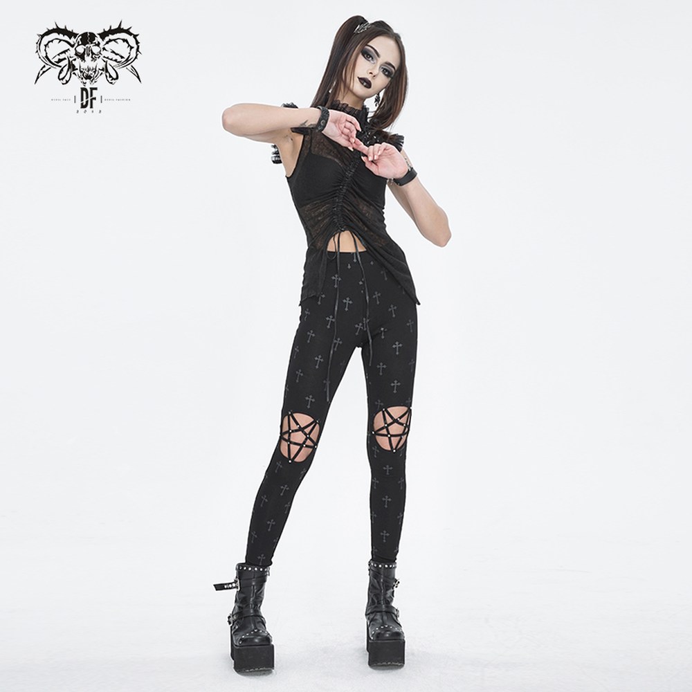 Devil Fashion - Star-shaped hollow out Knee, cross printing Gamaschen - Schwarz